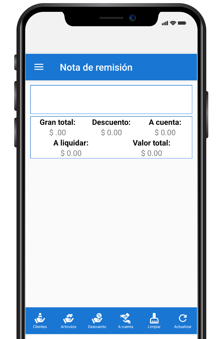 Pantalla de creación de notas de remisión
